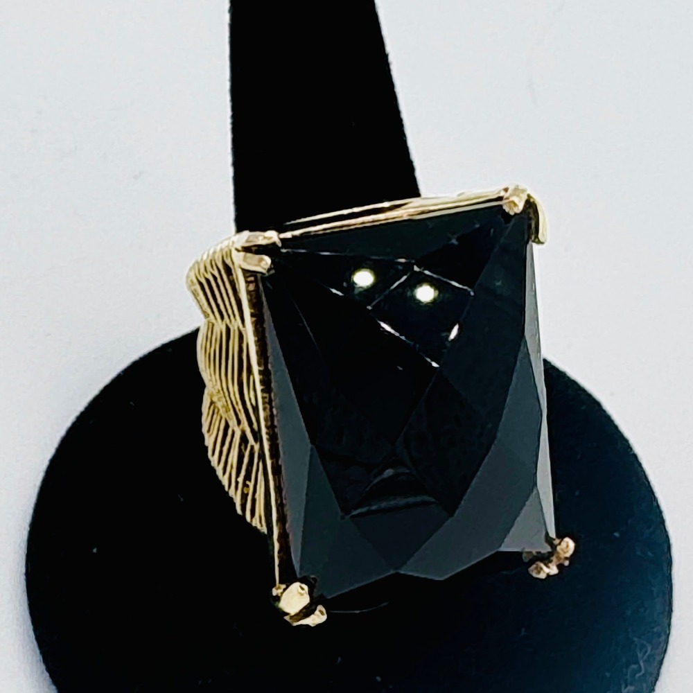 Black Onyx Style Faceted Glass Ring Gold‎ Tone Wire Wrapped Oversized Statement
